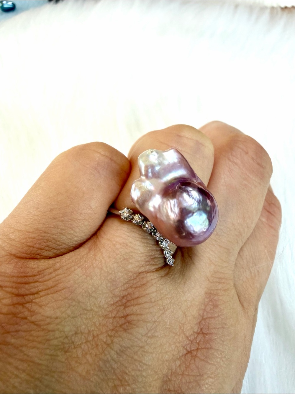 Lavender Baroque Pearl Ring with Pavé Band - Women Jewelry - Picture 6 of 10
